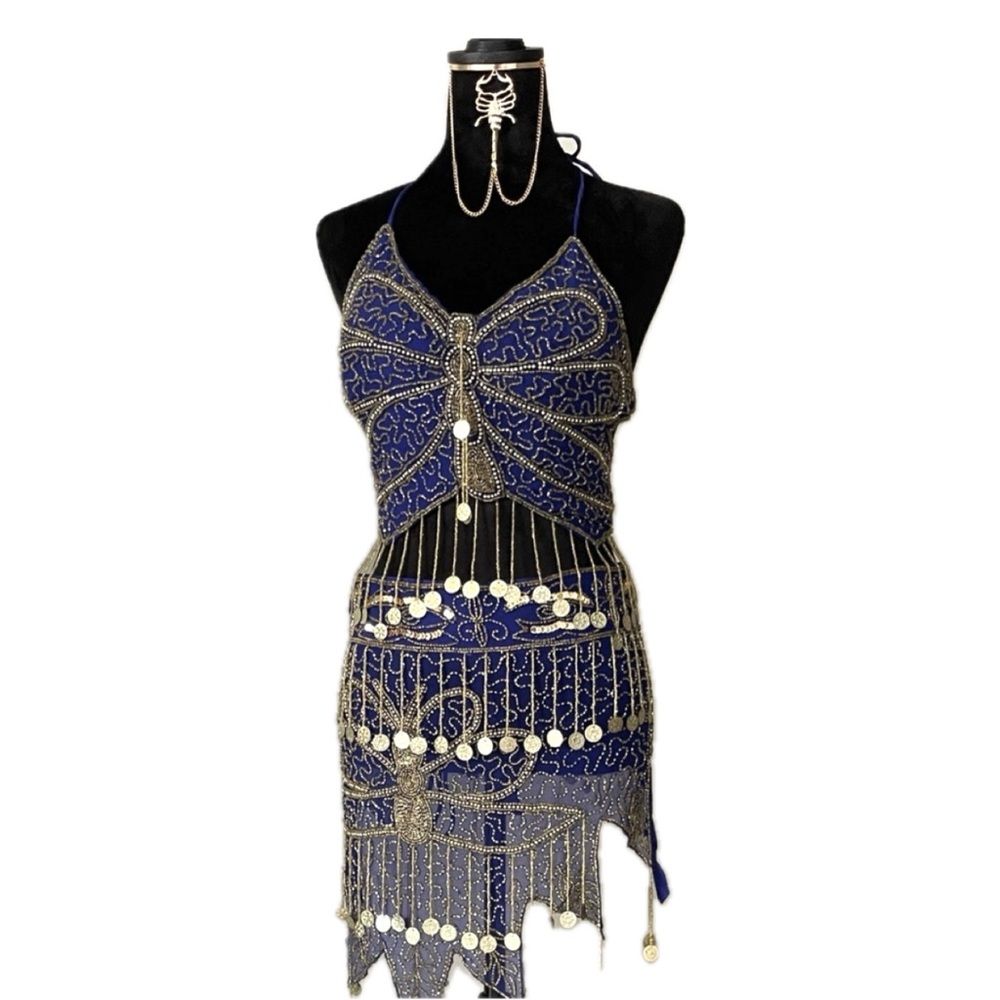 Blue and Gold Beaded Belly Dance Costume